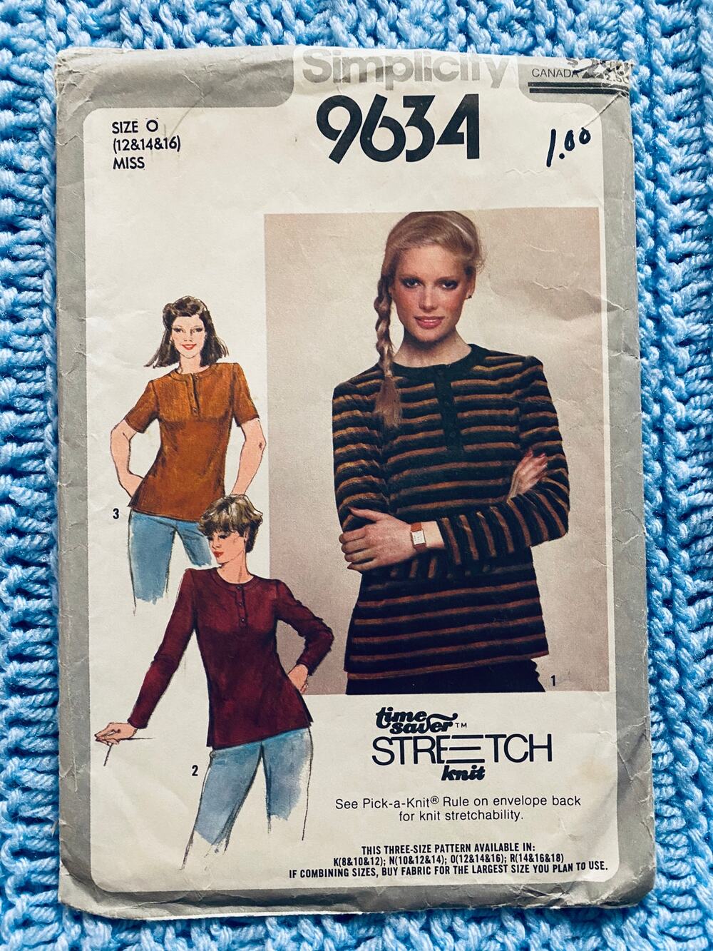 Simplicity 9634 Sewing pattern knit top long short sleeve 1970s size 12 14 16